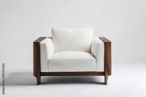 This minimalist armchair features a square design, marrying a sleek wooden frame with soft white fabric to create an inviting, sophisticated seating option. photo