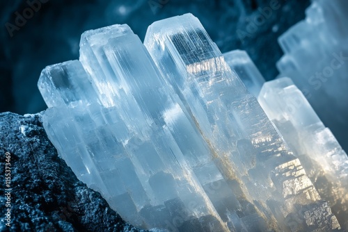 Exquisite cluster of translucent selenite crystals, showcasing the natural geometric formation found in geological environments under low light conditions. photo