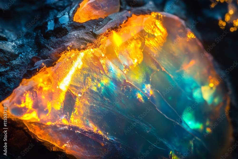 Fototapeta premium A brilliantly colored opal gemstone showcasing a mesmerizing display of fiery orange and cool blue hues, evoking a sense of wonder and natural beauty.