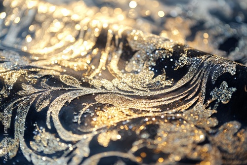 Black fabric enriched with ornate golden motifs and glittering designs. This luxurious textile exudes opulence, texture, and artistic beauty, full of sophisticated artistry. photo