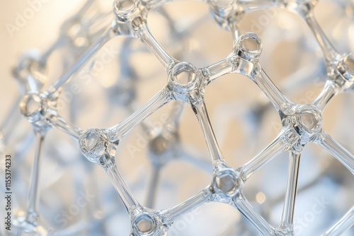 A detailed macro shot of interconnected hexagonal shapes forming a clear crystal framework with light reflections, emphasizing their symmetrical arrangement. photo