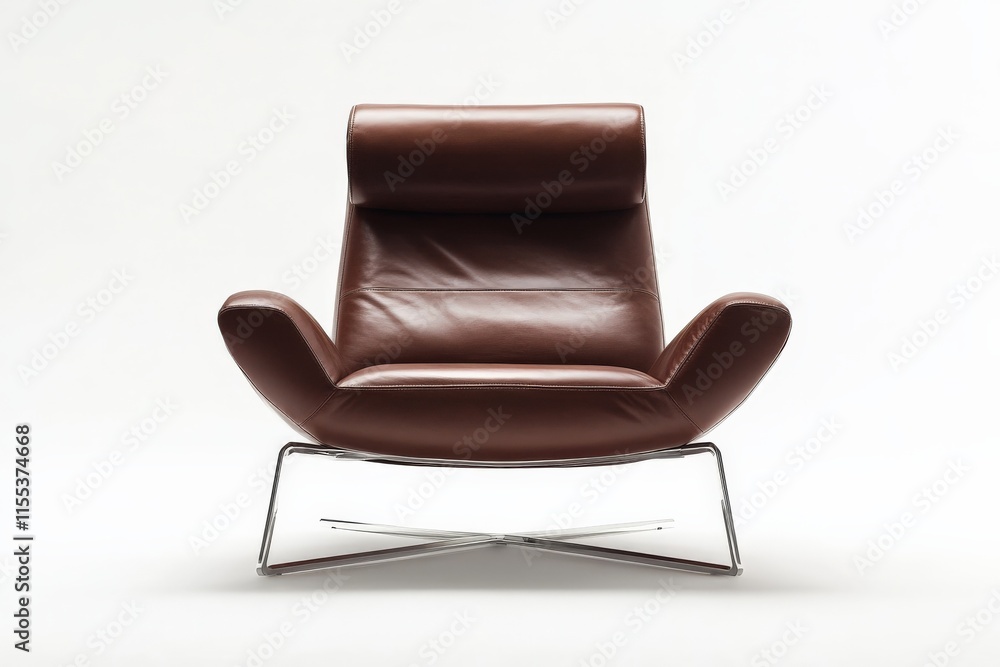 Fototapeta premium A sophisticated leather armchair with a polished metal base combines modern style and comfort, offering a contemporary touch to any upscale living environment.