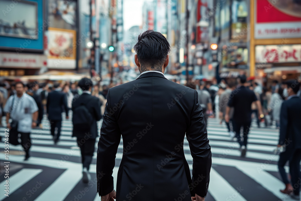 Yakuza member walking down the bustling Shibuya crossing in Tokyo, his tattoos contrasting with his formal attire. Yakuza member walking down the bustling Shibuya crossing in Tokyo, his tattoos contrasting with his formal attire.