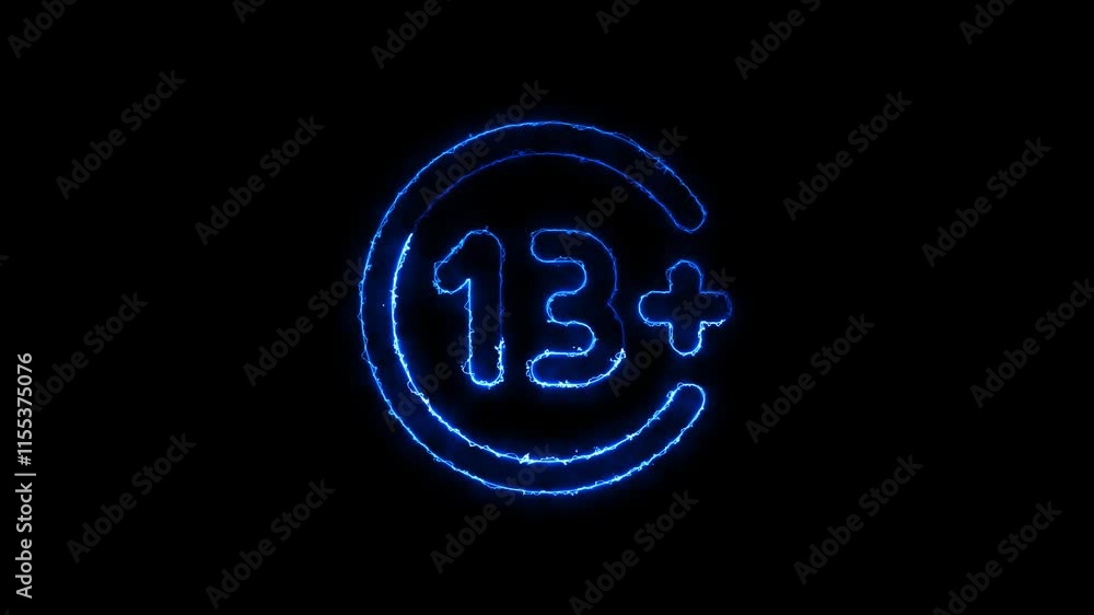13 Plus movie icon . Adult content. Over 13 age oldering only censored animation video. Word 13+ in retro-futuristic style, written in neon navy blue ,stands out against a dark space background 13 Plus movie icon . Adult content. Over 13 age oldering only censored animation video. Word 13+ in retro-futuristic style, written in neon navy blue ,stands out against a dark space background