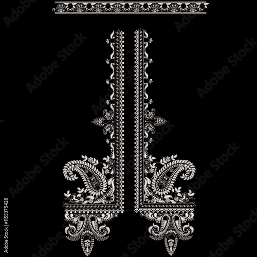 A over asian embroidery neckline and border lace design with floral motifs leafs leaves trendy mughal ornaments.