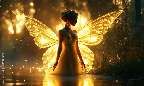 A glowing fairy silhouette by a shimmering water surface.