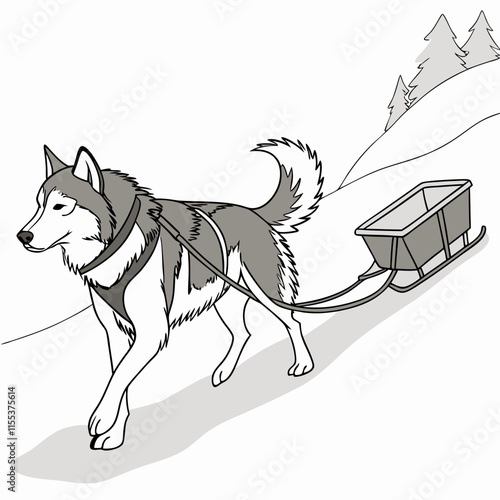 A vector illustration of a Siberian Husky pulling an ice cart, showcasing the strength and beauty of this iconic working dog breed in action.