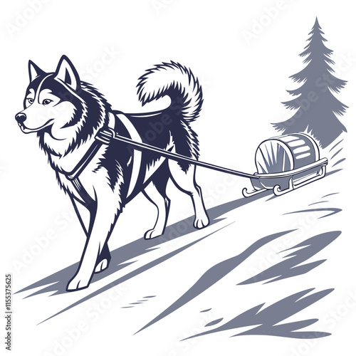 A vector illustration of a Siberian Husky pulling an ice cart, showcasing the strength and beauty of this iconic working dog breed in action.