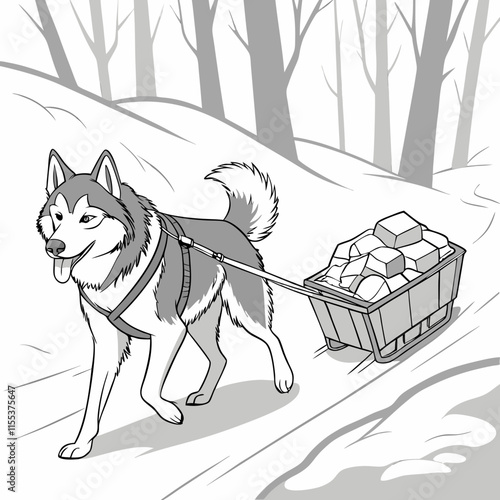A vector illustration of a Siberian Husky pulling an ice cart, showcasing the strength and beauty of this iconic working dog breed in action.