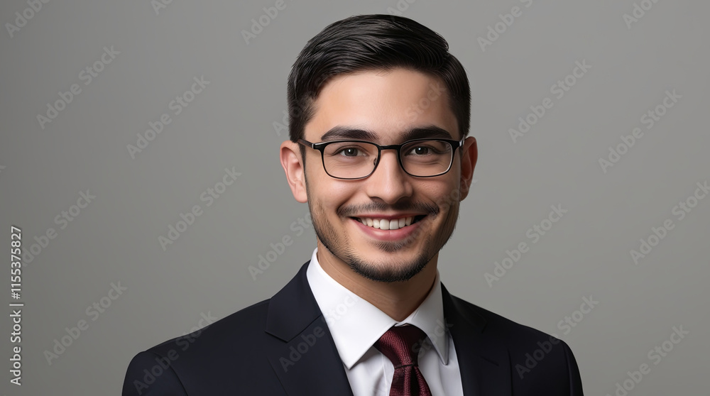 Professional Young Man with Short Dark Hair, Neatly Trimmed Beard, and Glasses - Corporate Portrait