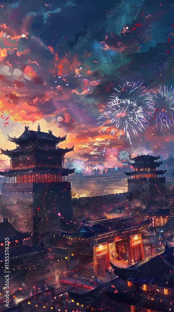 Obraz premium Watercolor traditional building fireworks illustration poster background