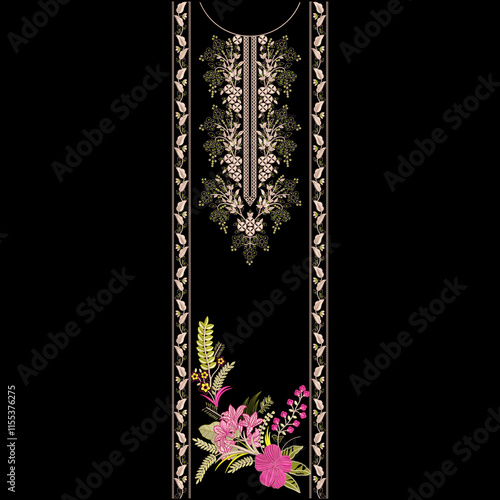 A over asian embroidery neckline and border lace design with floral motifs leafs leaves trendy mughal ornaments.