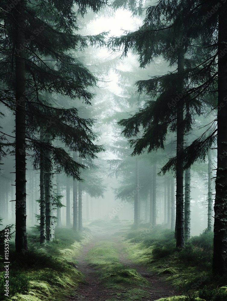 Obraz premium Mystical Foggy Forest with Tall Trees and a Pathway Leading Into the Unknown : Generative AI
