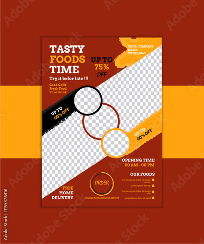 A a4 food flyer. Fast food restaurant business marketing social media post or web banner template design with abstract background, logo and icon. Fresh pizza, burger, pasta online sale promotion flyer