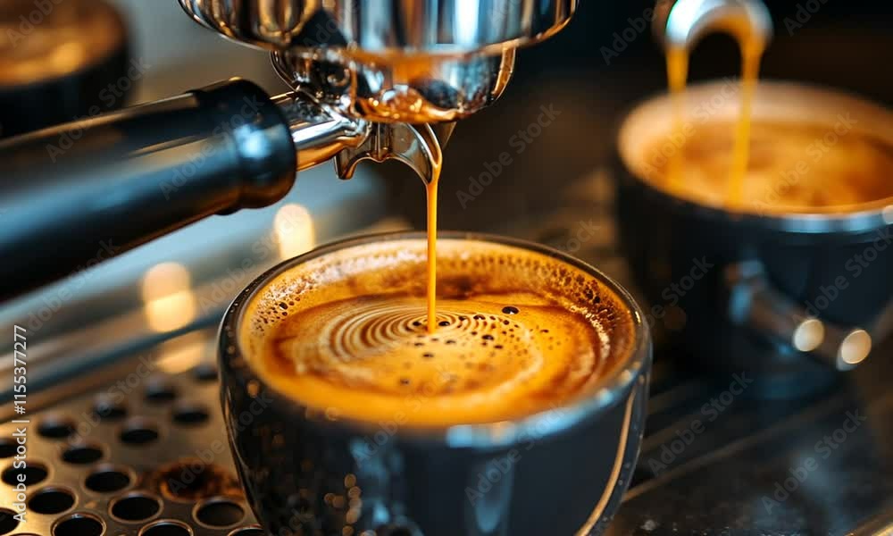 Espresso being brewed into a dark ceramic cup. Espresso being brewed into a dark ceramic cup.