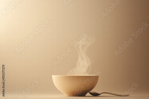 Warm soup bowl releasing steam curls with a silver spoon positioned nearby in a minimalist setting. Generative AI photo