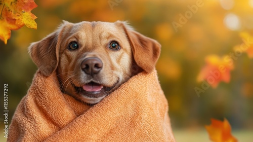 Fototapeta Naklejka Na Ścianę i Meble -  A cute dog is warmly wrapped in an orange blanket, enjoying the vibrant colors of autumn leaves around. The scene exudes warmth and coziness in a fall setting.