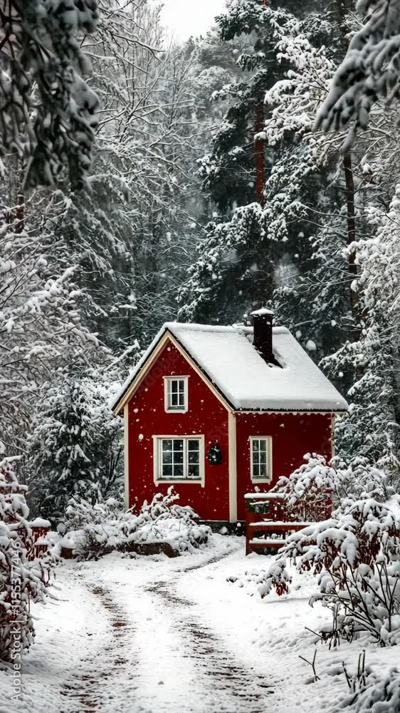 Snow falls gently on a cozy red cabin surrounded by winter's white landscape in a serene forest setting Snow falls gently on a cozy red cabin surrounded by winter's white landscape in a serene forest setting