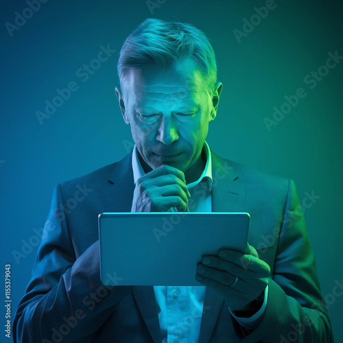 Professional Man Reflecting on Business and Financial Goals with Digital Tablet and Modern Gradient Background photo