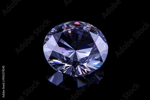 A stunning round-cut gemstone displayed against a stark black background, showcasing flawless clarity and brilliance, reflecting a spectrum of colors under light. photo