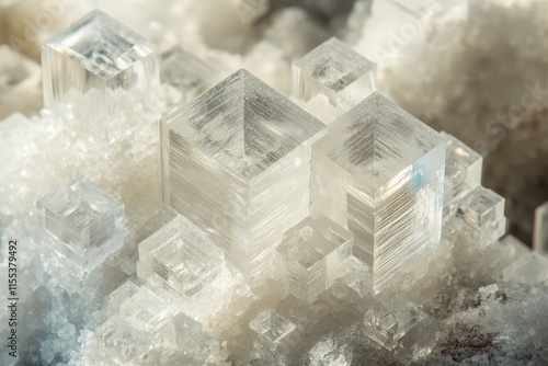 Cubic forms of salt crystals are impressively captured in these pristine formations, each showcasing individuality and precision within a broad, monochrome field. photo