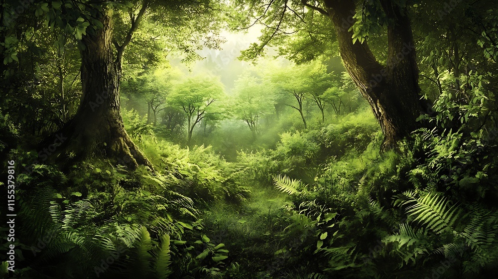 Fototapeta premium Lush Enchanted Forest with Sunlight Filtering Through a Canopy of Green Leaves : Generative AI