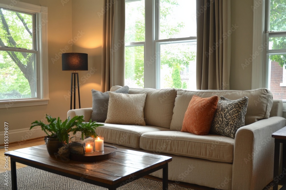 Fototapeta premium Inviting living room featuring a cozy beige sofa, large windows with natural light, surrounded by plush cushions and warm, ambient lighting for a homely feel.