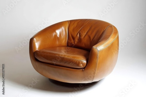 A classic round vintage leather armchair sits on a clean white background, exuding comfort and old-fashioned elegance with its rich brown tones and plush seating. photo