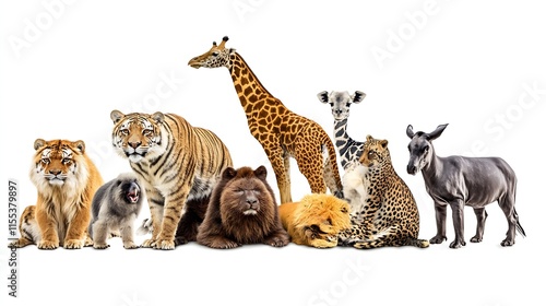 Group of diverse large wild animals posing together isolated on white : Generative AI