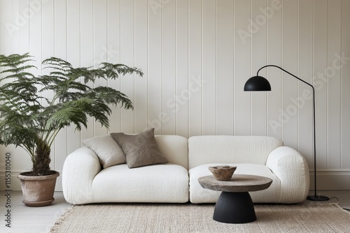 A cozy space adorned with a plush white sofa, a modern black floor lamp, and a lush green plant for a serene and comfortable home experience. photo