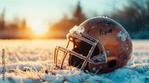 Fototapeta Naklejka Na Ścianę i Meble -  A lone football helmet lies on a frosty expanse as dawn breaks, juxtaposing the sparkling frost with the soft emerging light of morning to create an evocative scene.
