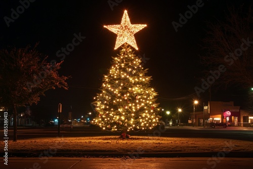 A beautifully decorated Christmas tree with glowing lights stands in the town square at night, its top adorned with a bright star twinkling in the dark sky. photo