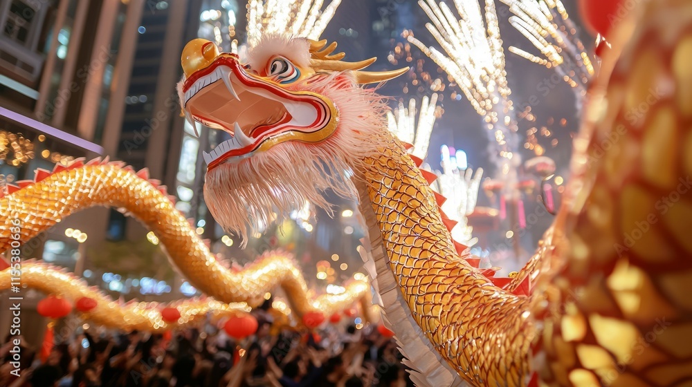 Obraz premium A vibrant dragon dances in a festive parade, surrounded by fireworks and crowds, celebrating a cultural event with joy and energy.