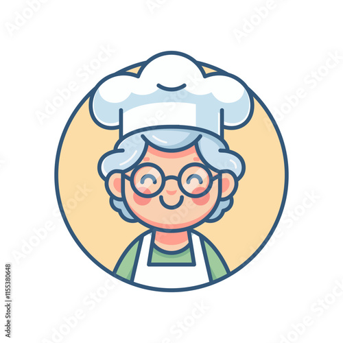 Adorable Grandma Chef Illustration in Bold Cartoon Style with Glasses and Chef Hat