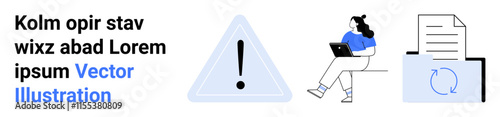 Warning triangle with exclamation mark, seated person using laptop, document with recycling icon. Ideal for productivity, document management, warnings, multitasking, office work, online