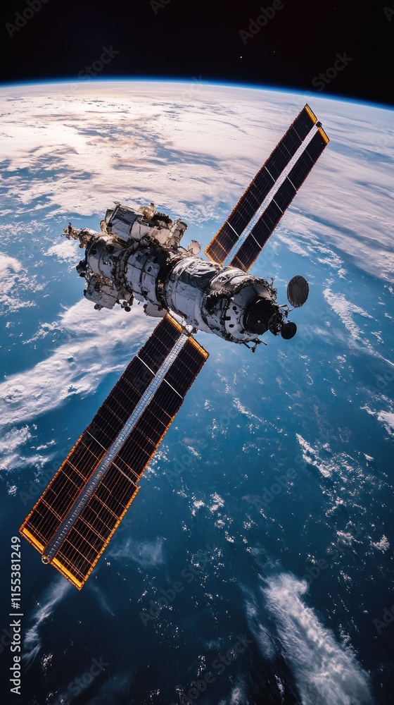 Obraz premium Flying above Earth, a space station orbits gracefully amidst clouds and blue oceans in breathtaking view, mobile wallpaper 4K