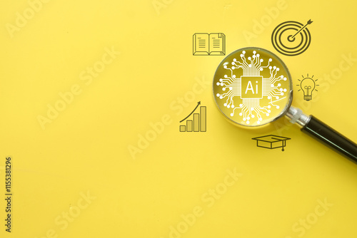 Artificial intelligence,Education,Business Concept.,AI with circuit board under magnifying glass with education,business icon wth copyspace.,artificial intelligence in learning.