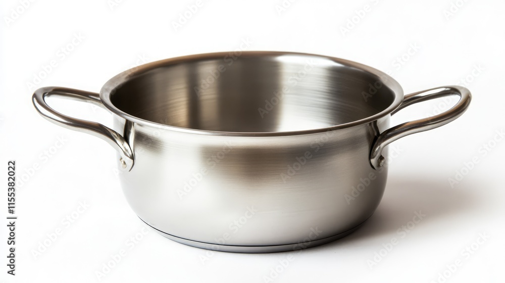 Stainless steel cooking pot with handles isolated on a white background showcasing its sleek design and durable material Stainless steel cooking pot with handles isolated on a white background showcasing its sleek design and durable material