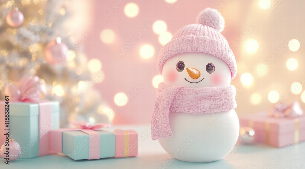 Obraz premium Cute snowman wearing a pink hat and scarf, with pastel colors. The background features a Christmas tree 