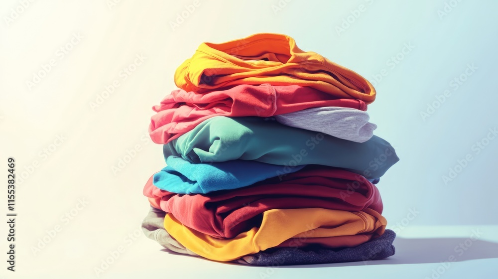Colorful stack of neatly folded clothing against a soft white background showcasing a variety of fabrics and hues for wardrobe inspiration Colorful stack of neatly folded clothing against a soft white background showcasing a variety of fabrics and hues for wardrobe inspiration