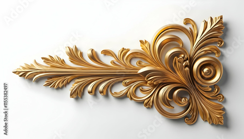 A golden, ornate decorative corner piece. Intricate baroquestyle floral motifs and gilded accents create a luxurious, vintage feel, perfect for interior design or architectural details.