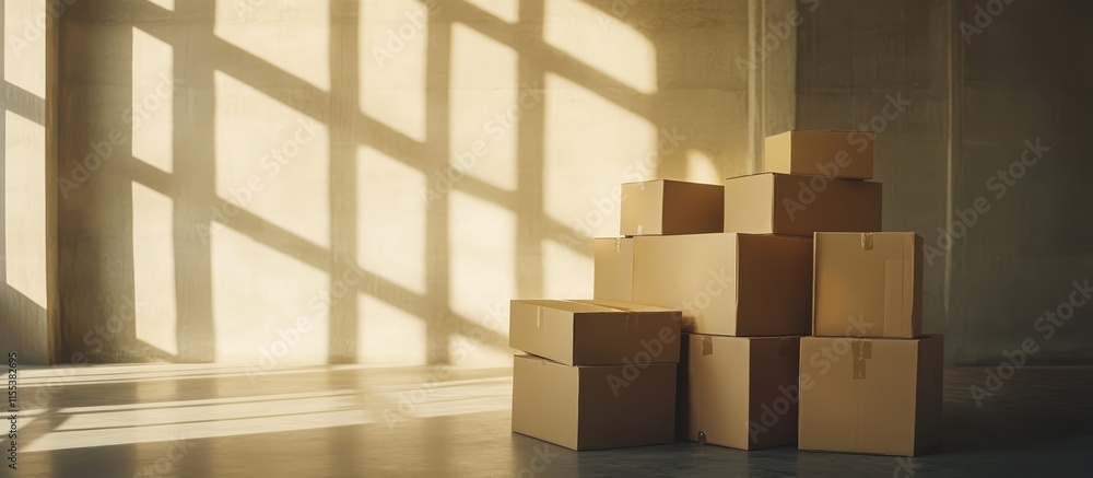 Stacked cardboard moving boxes in sunlit empty room ready for relocation and new beginnings with shadows on the wall Stacked cardboard moving boxes in sunlit empty room ready for relocation and new beginnings with shadows on the wall