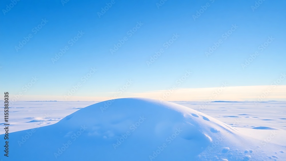 Snowy landscape with a large mound of snow in the foreground, under a bright blue sky. Snowy landscape with a large mound of snow in the foreground, under a bright blue sky.