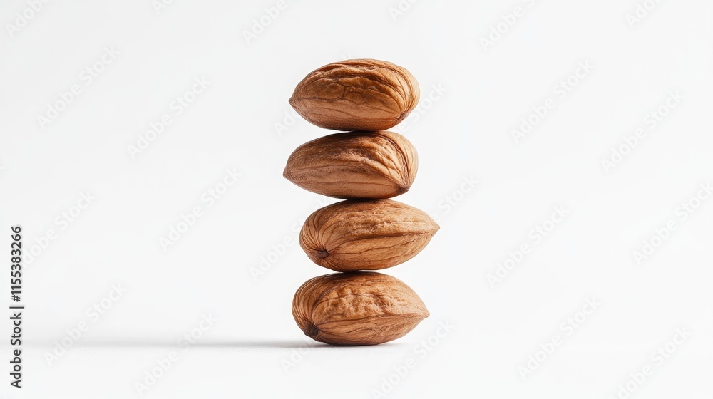 Stack of walnuts arranged neatly on a clean white background showcasing their natural texture and shape for food-related design projects. Stack of walnuts arranged neatly on a clean white background showcasing their natural texture and shape for food-related design projects.