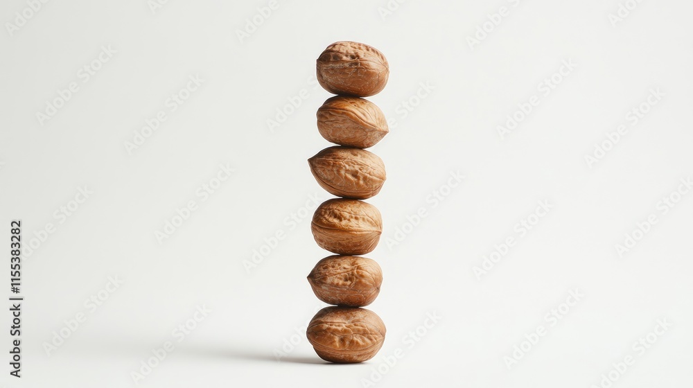 Stacked walnuts arranged vertically on a clean white background showcasing natural texture and organic shapes for culinary or decorative use. Stacked walnuts arranged vertically on a clean white background showcasing natural texture and organic shapes for culinary or decorative use.