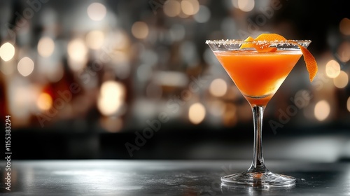 A vibrant orange cocktail decorated with a twist of orange zest sits elegantly in a glass, capturing sophistication and indulgence in a dimly lit bar ambiance. photo