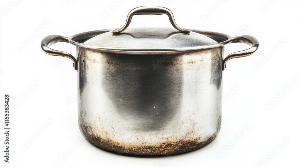 Stainless steel cooking pot with handles isolated on a white background showcasing a well-used kitchen utensil for culinary purposes. Stainless steel cooking pot with handles isolated on a white background showcasing a well-used kitchen utensil for culinary purposes.