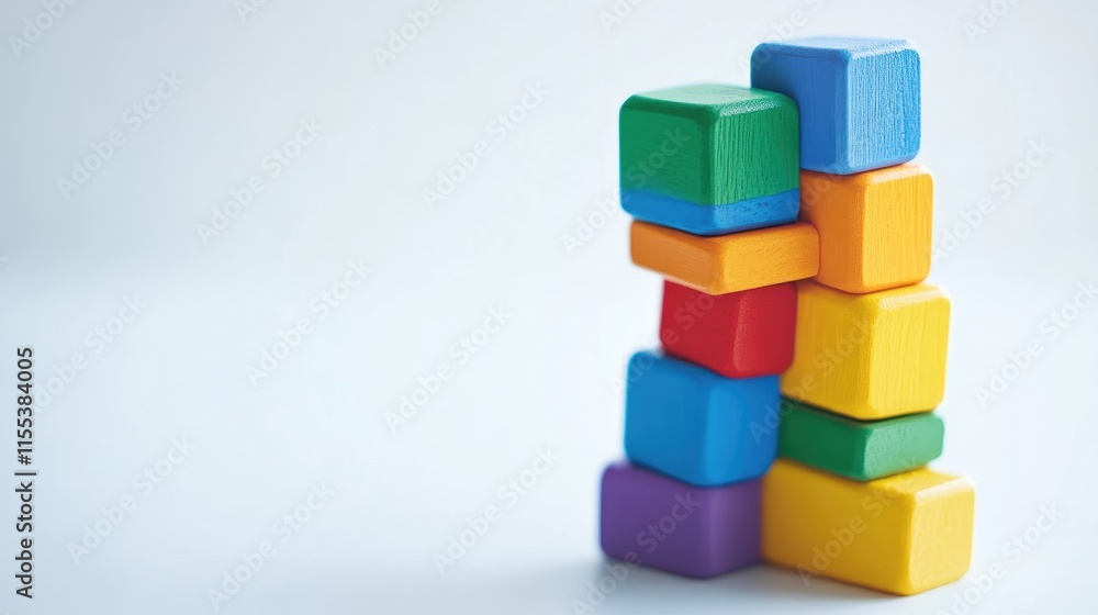 Colorful stacking blocks arranged neatly on a white background demonstrating creativity and educational play for children. Colorful stacking blocks arranged neatly on a white background demonstrating creativity and educational play for children.
