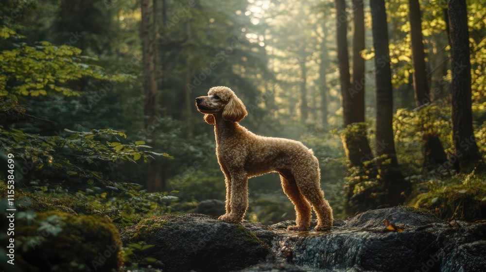 Standard poodle in a forest poised for adventure capturing the spirit of nature and outdoor exploration in a serene setting Standard poodle in a forest poised for adventure capturing the spirit of nature and outdoor exploration in a serene setting