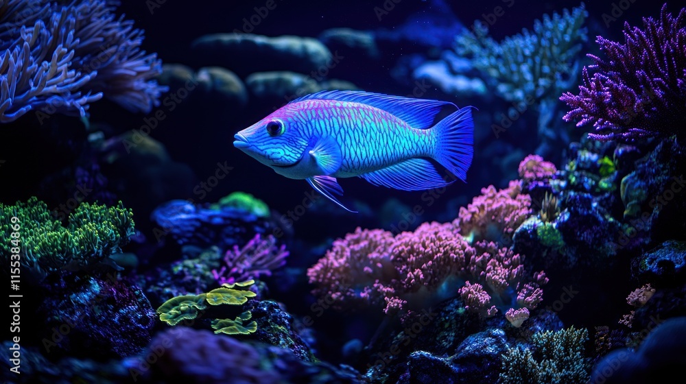 Obraz premium A luminous parrotfish swims above vibrant coral, its body shimmering in iridescent blues, greens, and purples.
